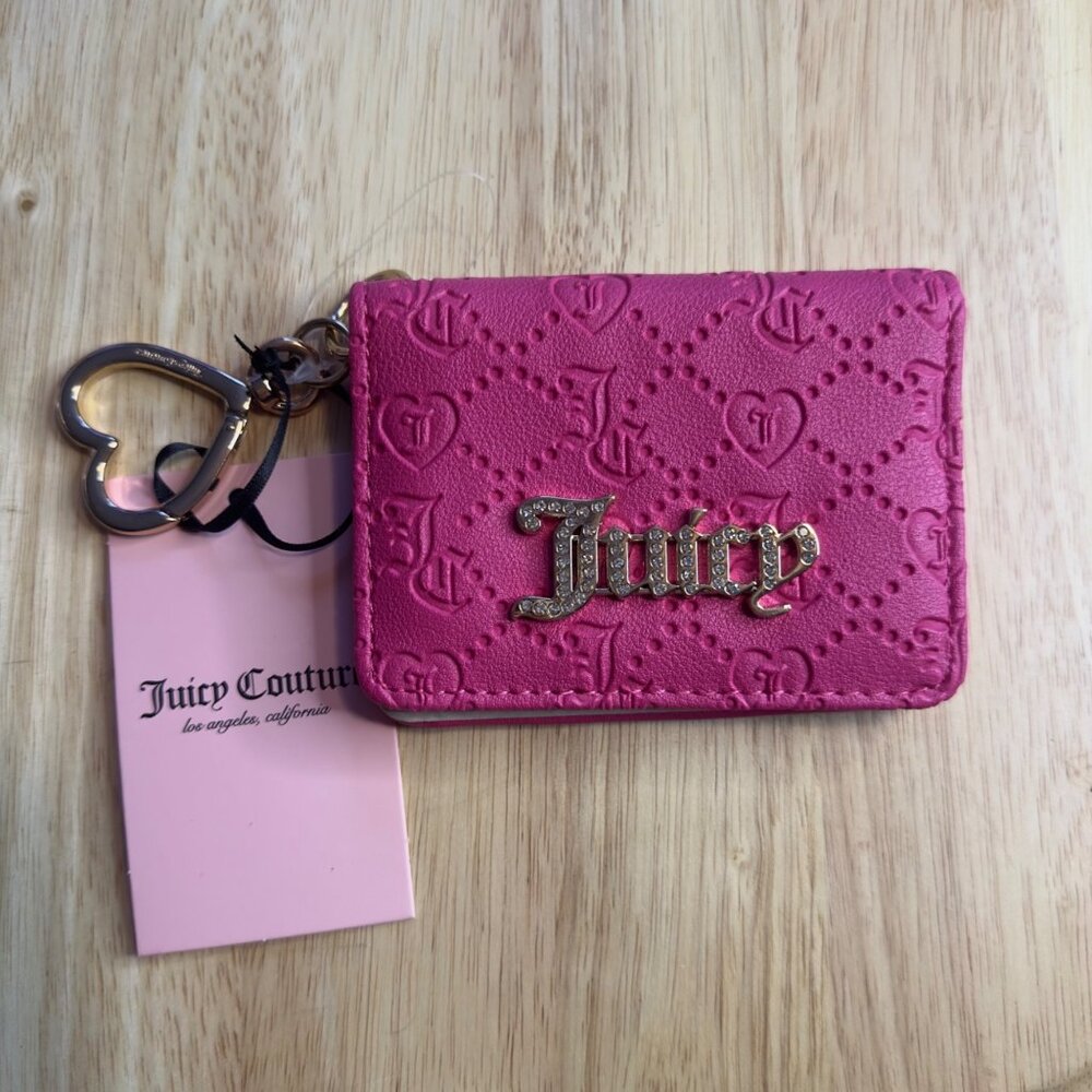 Juicy Couture Pink Embossed Card Holder With Rhinestone Logo & Heart Keychain
